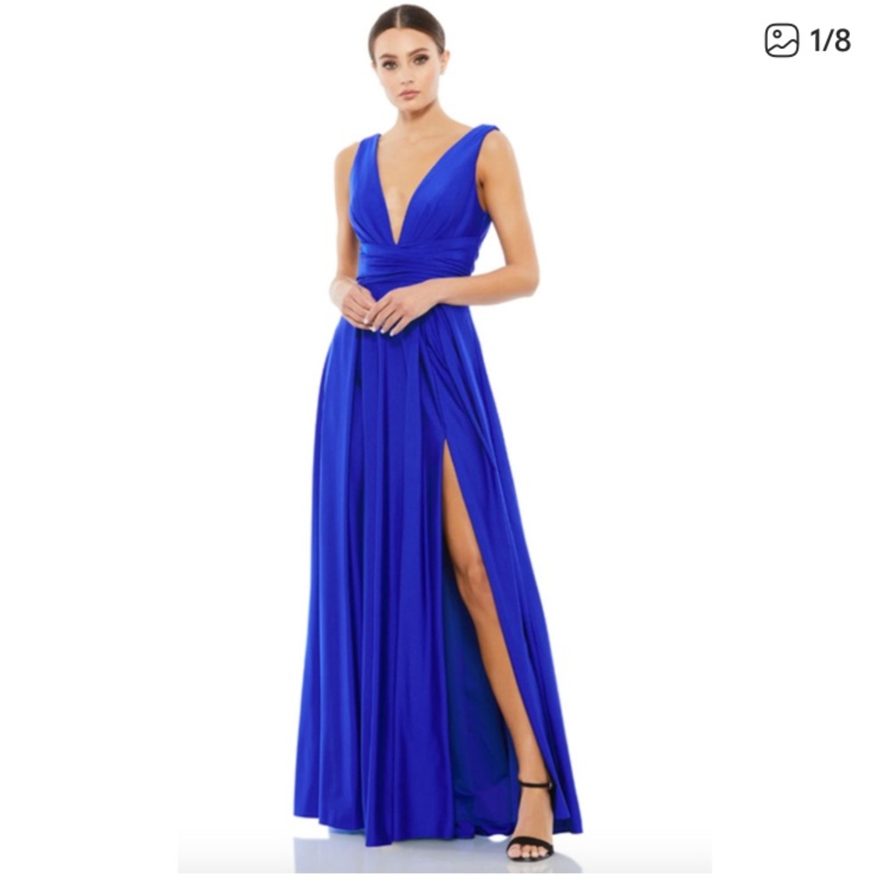 MAC DUGGAL Dress Size 0 Evening Gown Blue NEW Jersery V Neck Plunge Slit